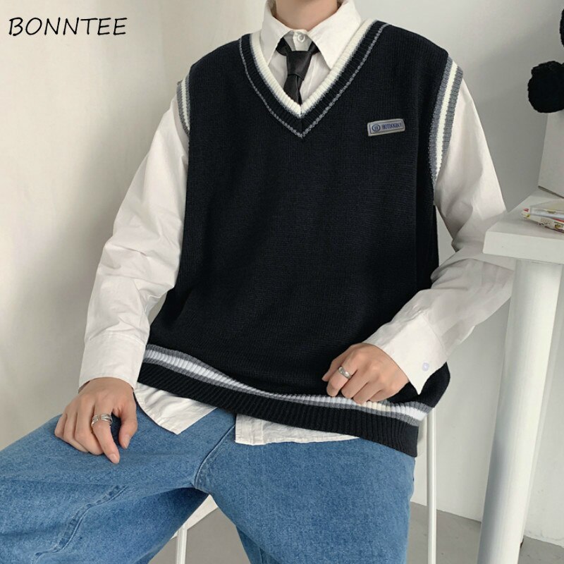 Männer zur Seite fahren Weste Einfache Patchwork verlieren Getäfelten Gestrickte zur Seite fahren Männlichen V-ausschnitt Alle-spiel eins schick Streetwear Ulzzang Weichen