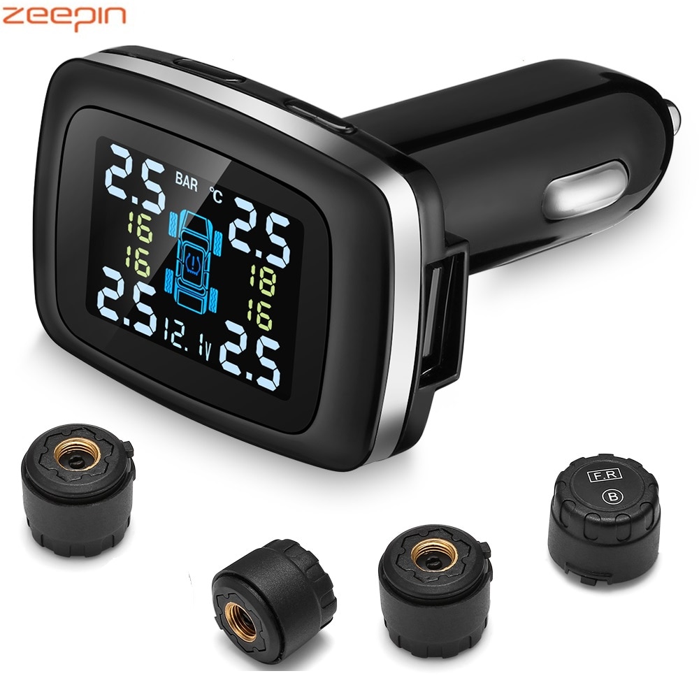 ZEEPIN C100 Reifen Druck Überwachung System Zigarette Leichter Stecker TPMS LCD Bildschirm Anzeige 4 Externe Sensoren Auto Reifen Alarm