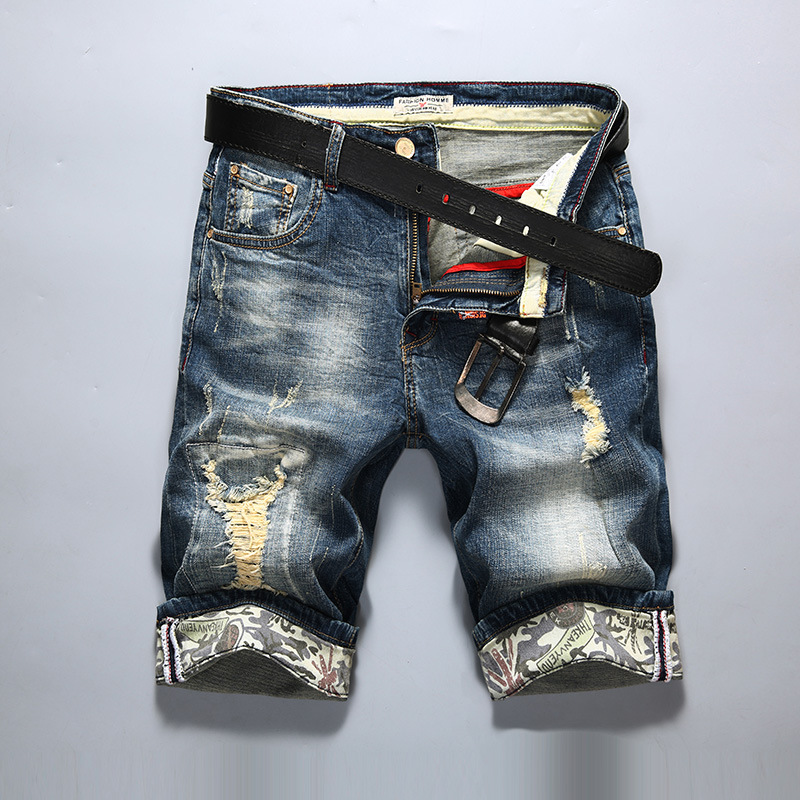 Männer Patchwork gerissen Denim kurze Hose Männlichen Sommer Atmungsaktive kurze Hose Männer betrübt Knie Länge Jeans kurze Hose AA51451