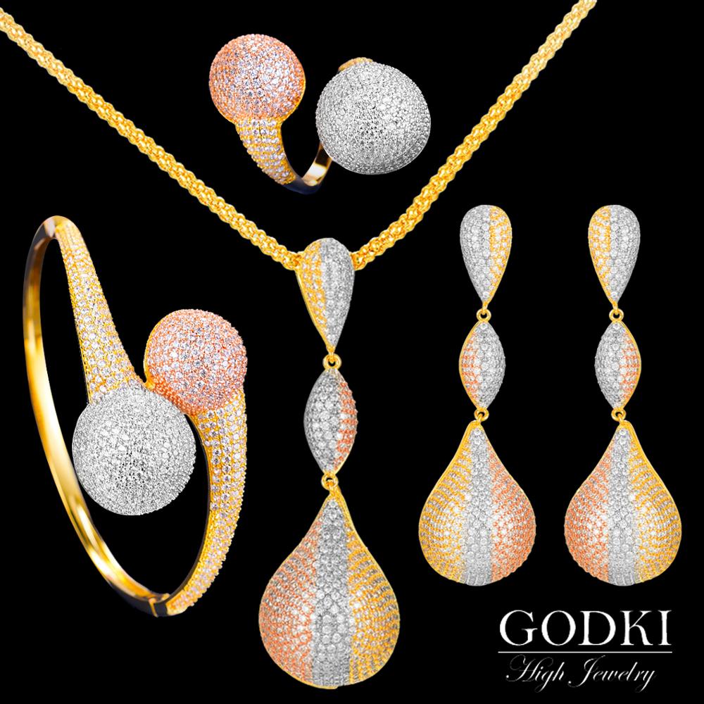 GODKI 4 stücke Disko Ball Charme Schmuck setzt für Frauen Hochzeit Halskette Ohrring Armbinde Ring Ful Zirkonia Ohrring Schmuck einstellen