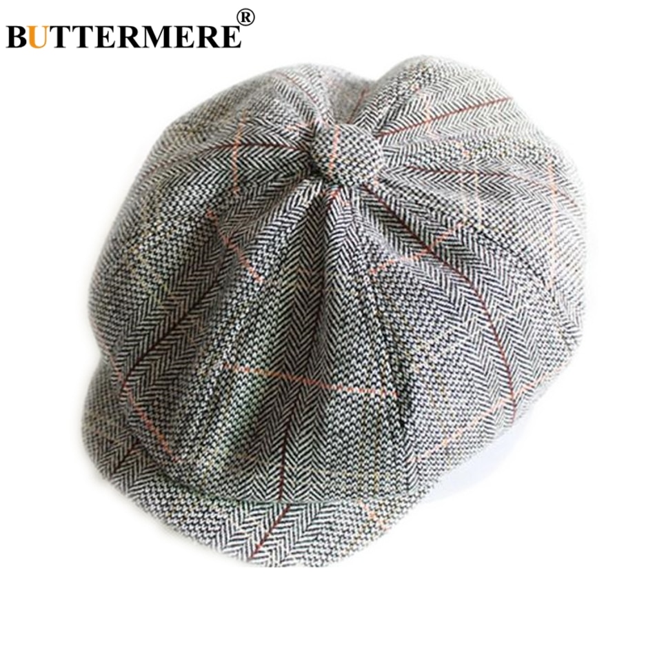 BUTTERMERE Hütte Zeitungsjunge unisex Männer Frauen Wolle Achteckige Kappe Jahrgang Plaid Männlichen Weibliche Baskenmütze Herbst Winter Flache Kappe