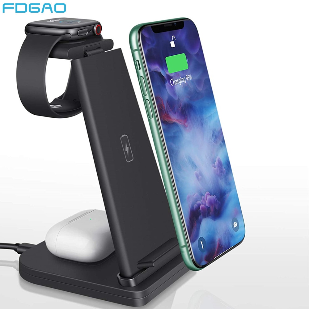 FDGAO 15W Schnelle Qi Drahtlose Ladegerät Dock Bahnhof Für Apfel iWatch SE 6 5 4 3 2 iPhone 11 12 Airpods Typ C Ladung Telefon Halfter