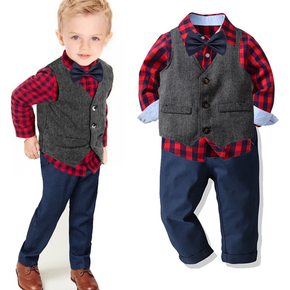 Frühling & Herbst Baby Jungen Gentleman Anzug Kariertes Hemd Mit Fliege + Weste + Hosen 3Stck Formale freundlicher kleidung einstellen Kleinkind Jungen Kleidung
