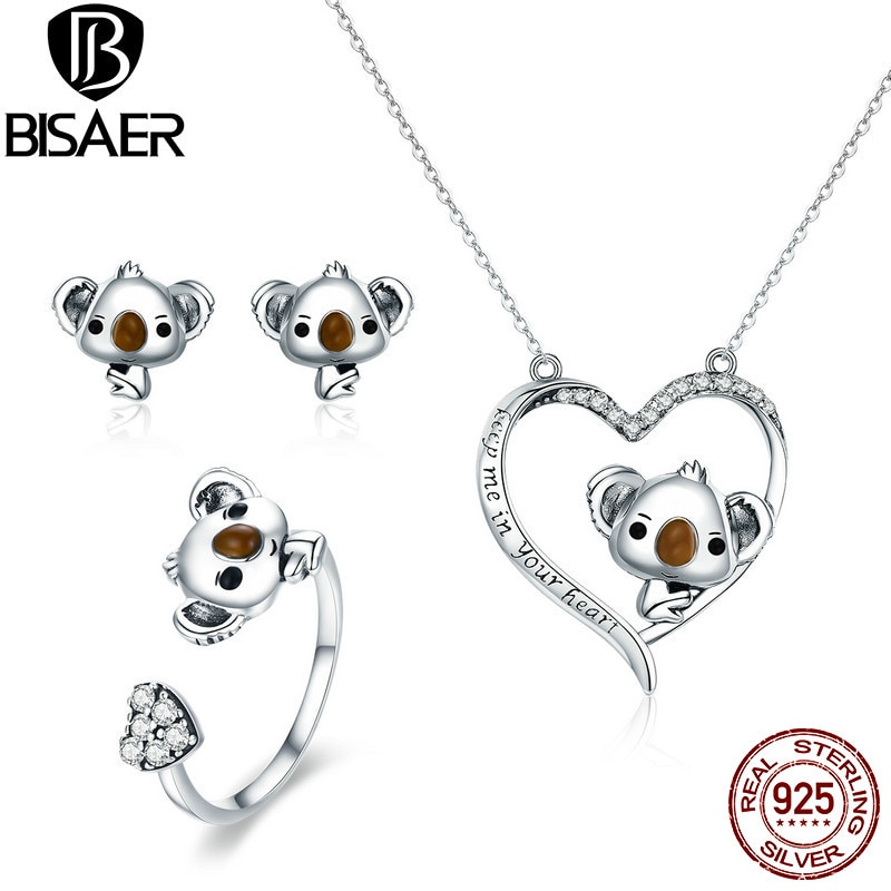 BISAER Echt 925 Sterling Silber Schmuck setzt Koala Bär Mama Liebe Herz Halskette Ringe einstellen Frauen Schmuck einstellen Silber 925 schmuck