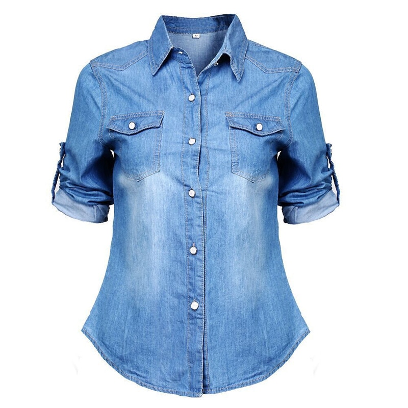 retro Frauen Damen lässig Blau Jean Denim Hemd Bluse Lange Hülse Drehen-unten kragen Spitzen Bluse