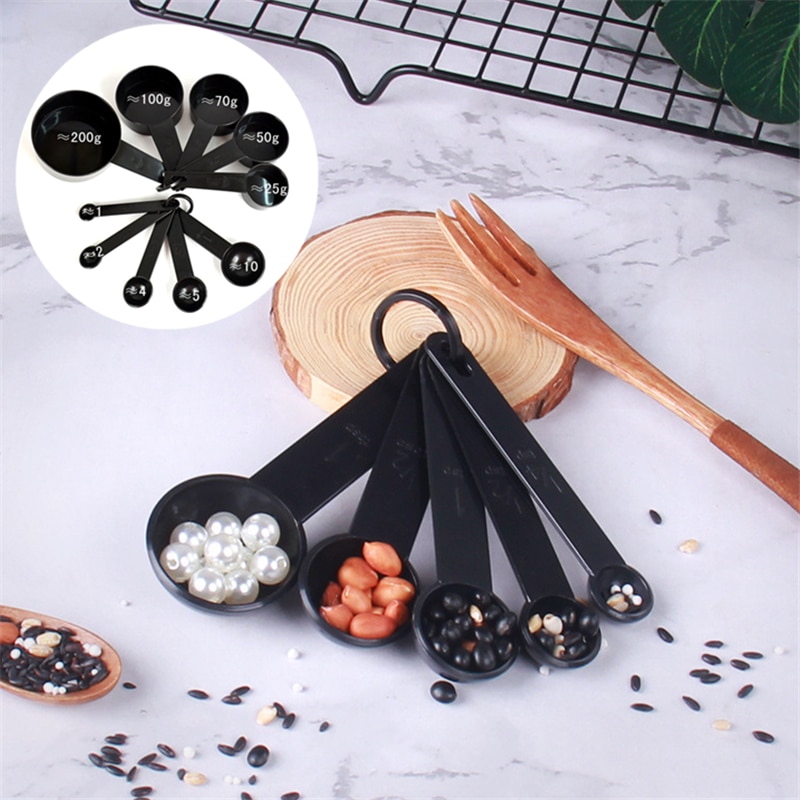 Küche Zubehör Kochen 5/10Stck Schwarz Kunststoff Messlöffel und Messbecher Küche Spielereien Werkzeuge Backen Zubehör