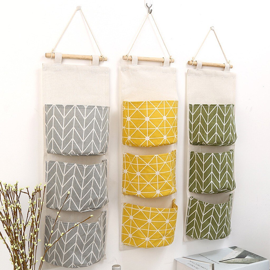 3 Gitter hängend Lager Tasche Mauer montiert Schrank Kleinigkeiten hängend Tasche Container Stoff Baumwolle Beutel Kosmetik Spielzeuge Organizer FD