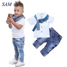 Baby Jungen Kleidung lässig T-Shirt + Schal + Jeans 3pc Baby Kleidung einstellen Sommer Art freundlicher Kostüm für Jungen Kleinkind Jungen Kleidung