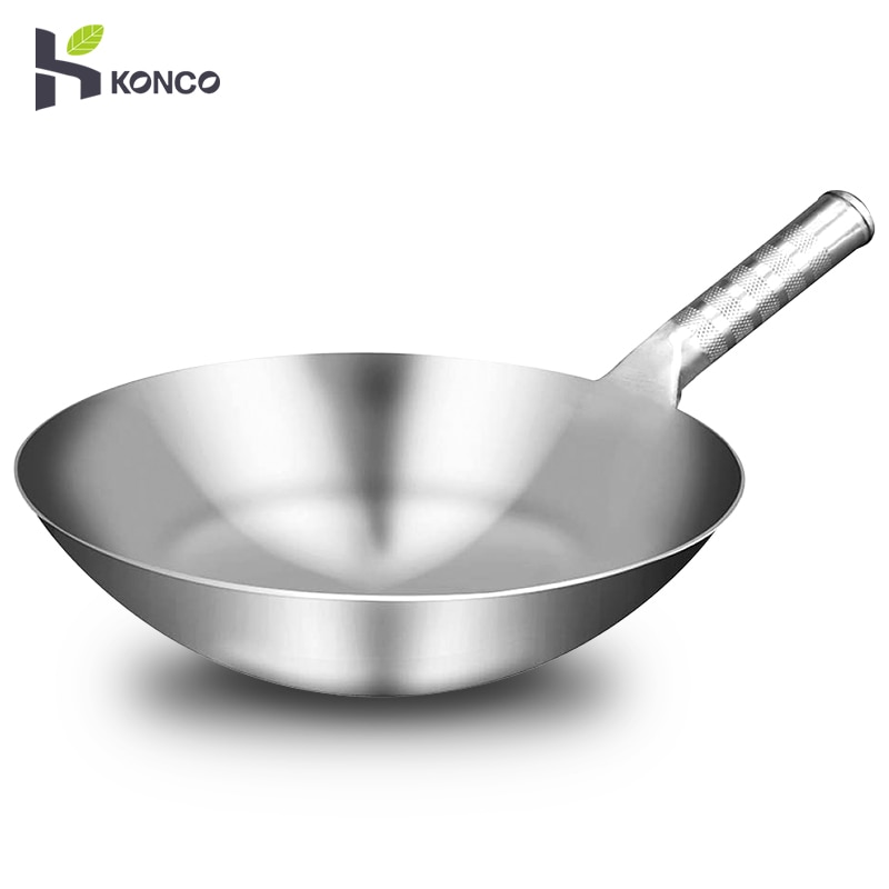 Konco 32cm Edelstahl wok Chinesischen handgefertigt Braten Pfanne Bratpfanne Kochen Pfanne nicht Stock Gas wok 1,8mm Dicke