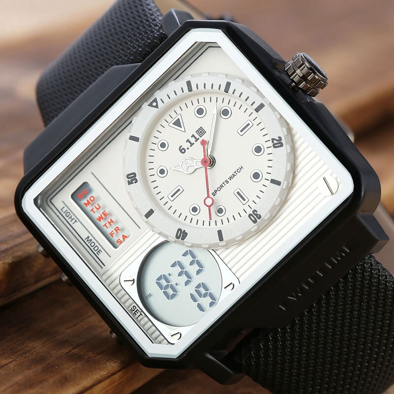 6,11 Mens Platz Doppel Zeit Leder Uhr Band Hintergrundbeleuchtung Wasserdicht LED Digital Uhr Männer Sport Uhr relogio masculino