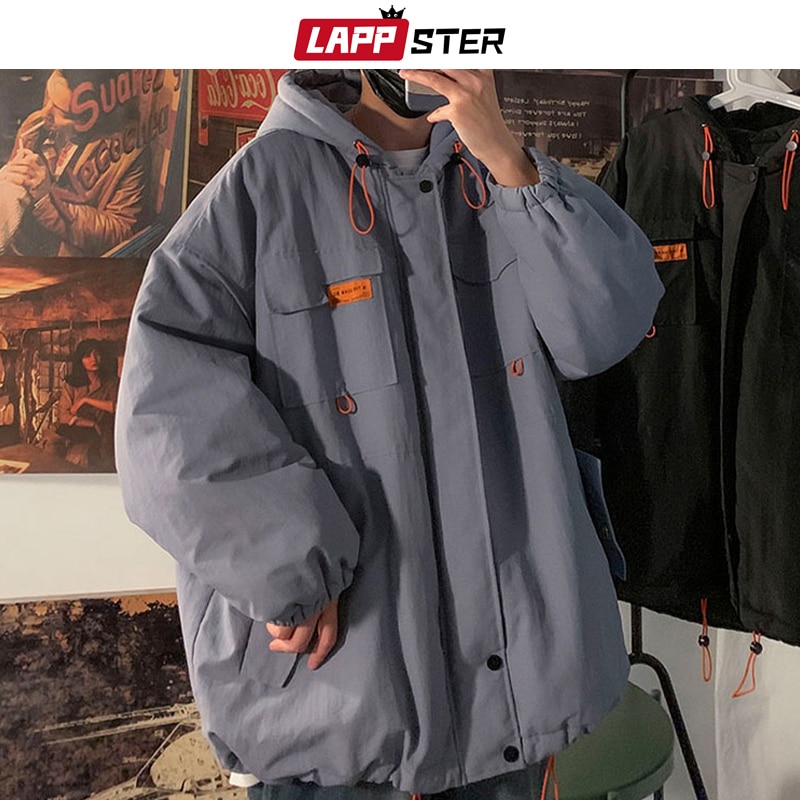 LAPPSTER Männer Schwarz Streetwear Winter Jacken Mäntel Mens Koreanischen Mit Kapuze Puffer Jacke Mantel Männlichen Harajuku Tasche Hüfte hüpfen Parka