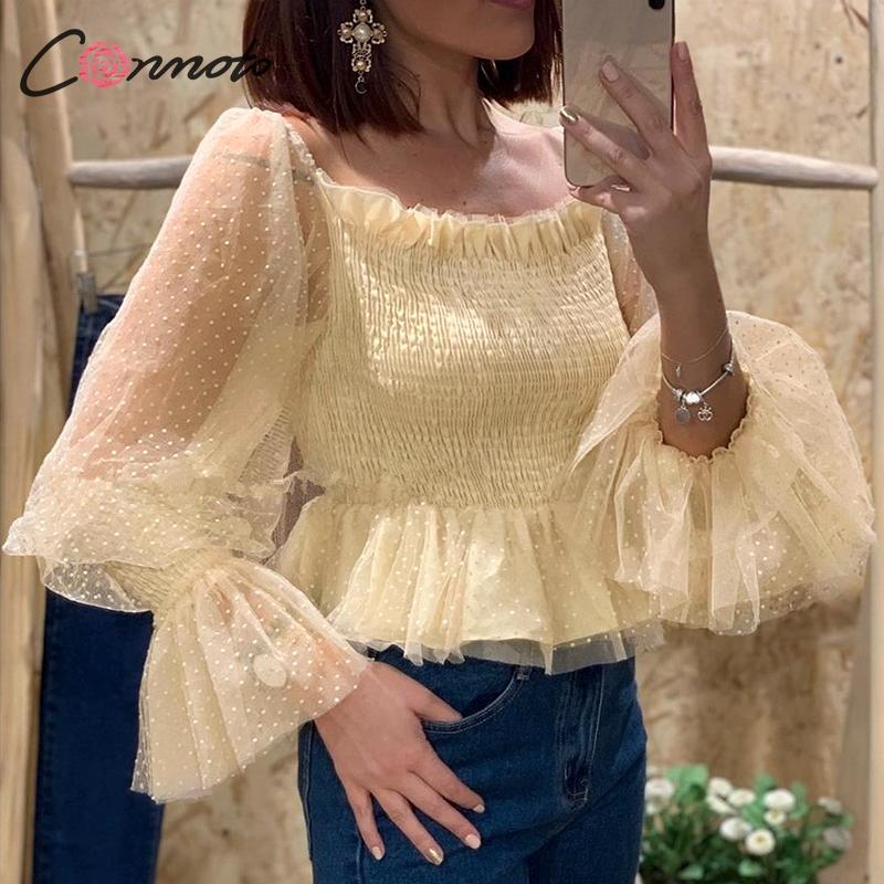 Conmoto Gittergewebe rüschen sommer Chiffon bluse frauen Jahrgang transparent Plus größe bluse Hemden Verein platz kragen blusas mujer