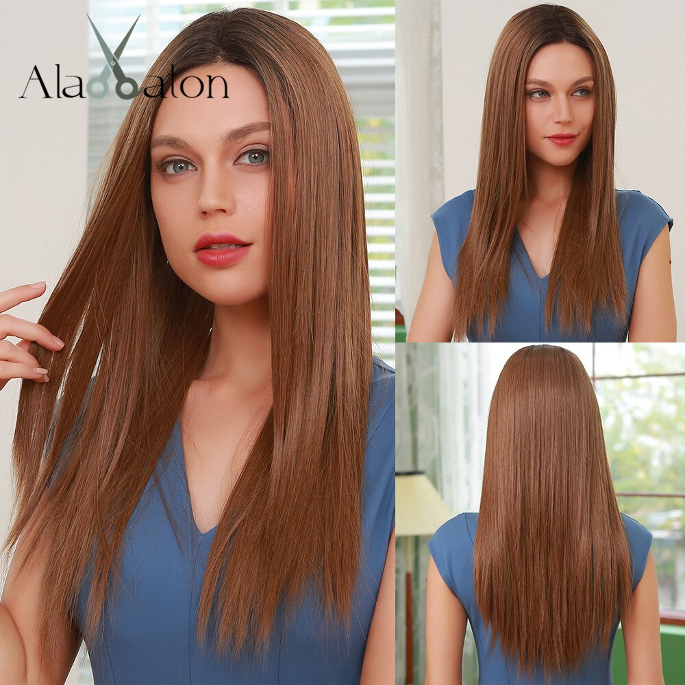 ALAN EATON Lange Gerade Synthetische Spitze Vorderseite Perücken für Frauen Natürliche Ombre Schwarz Braun Mittleren Teil Spitze Perücke Hitze Beständig faser
