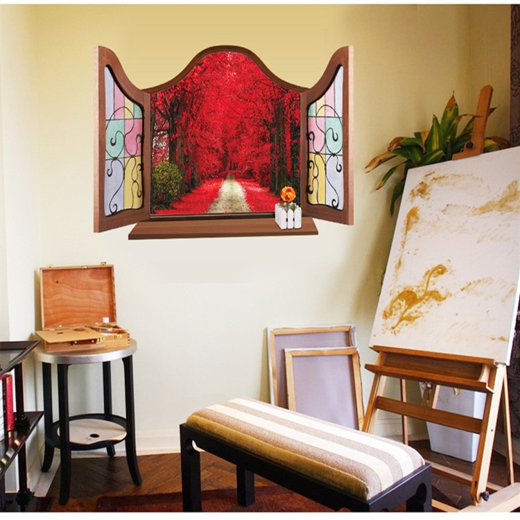 Abnehmbare Hintergrund von Fernseher in der Zeichnung Zimmer Zauberstab Aufkleber Nachahmung 3D Künstliche Fenster außerhalb der Roten Wald Pfad