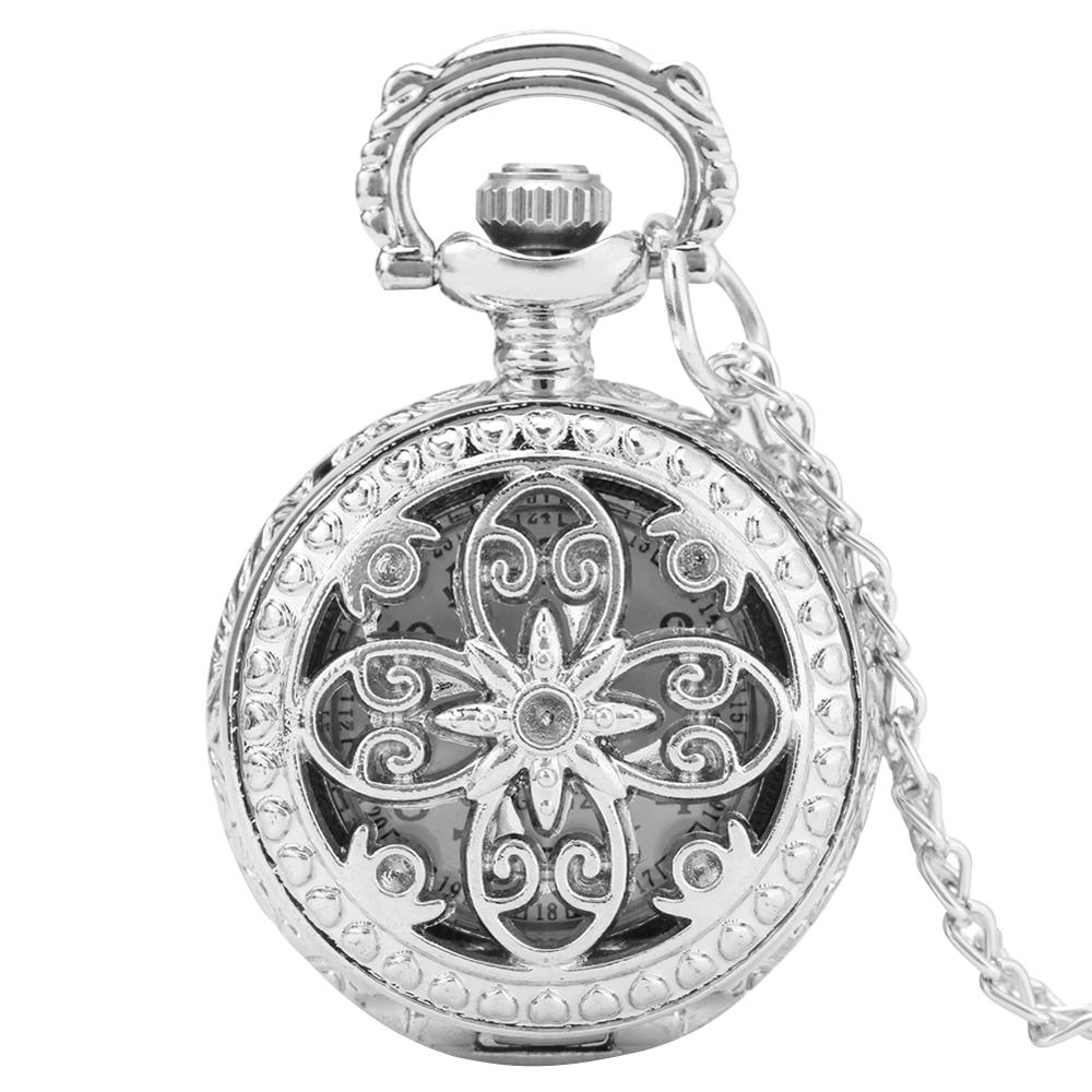 Wenig Kleine Nette exquisit Silber Hohl Blumen Quarz Taschenuhr Halskette Anhänger Schmuck Uhr mit 80cm zur Seite fahren Kette