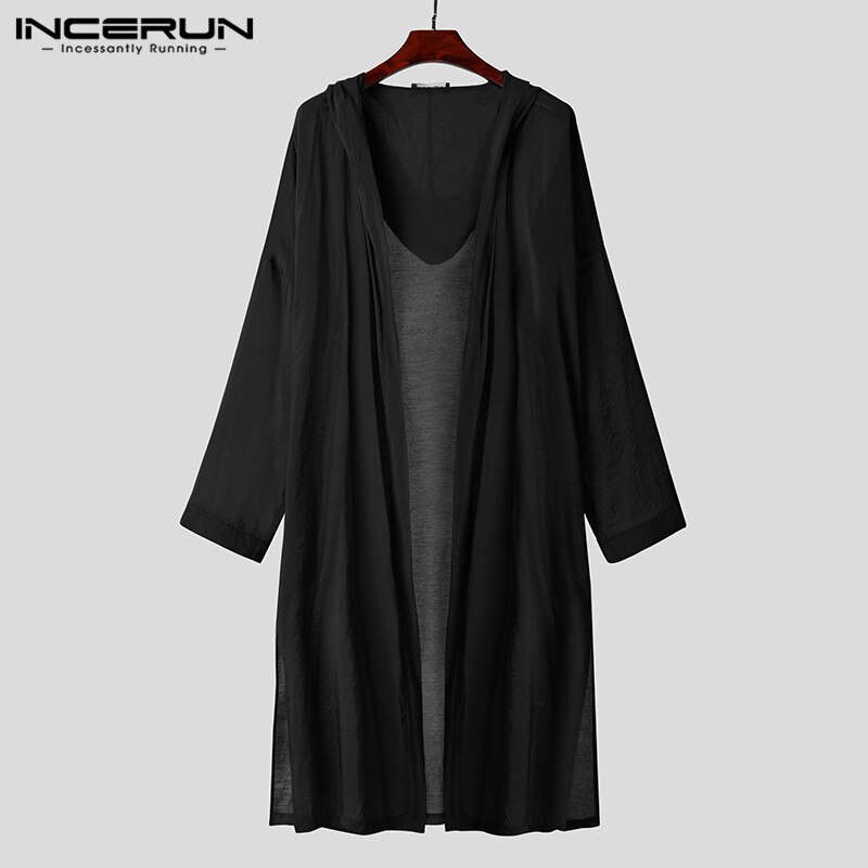 Männer Mäntel Mit Kapuze Lange Hülse Streetwear Transluzenten Öffnen Stich Graben Feste Koreanische Dünne Oberbekleidung Herren Mantel INCERUN