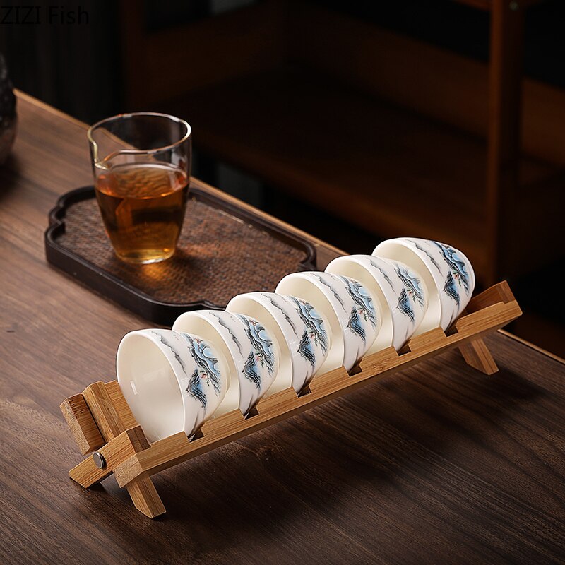 Weiß Porzellan Kung Fu Tee Tasse einstellen 6 Teilig Kleine GrüNe Tee Tasse in Büro Studie mit Tasse Halfter Tee Zeremonie Kung Fu Tee Tasse