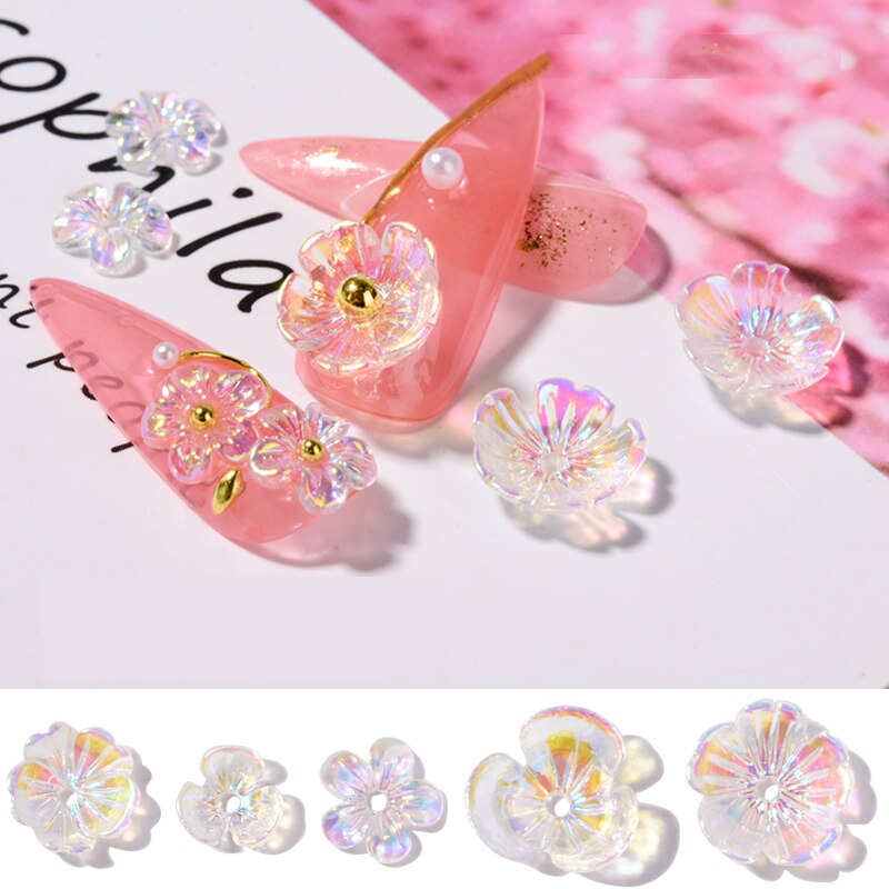 10 stücke halb transparent Harz Blumen Polarlicht AB Coloful Nagel Kunst Dekorationen 3D Gänseblümchen Rose Blume NäGel Zubehör DIY Manikübetreffend