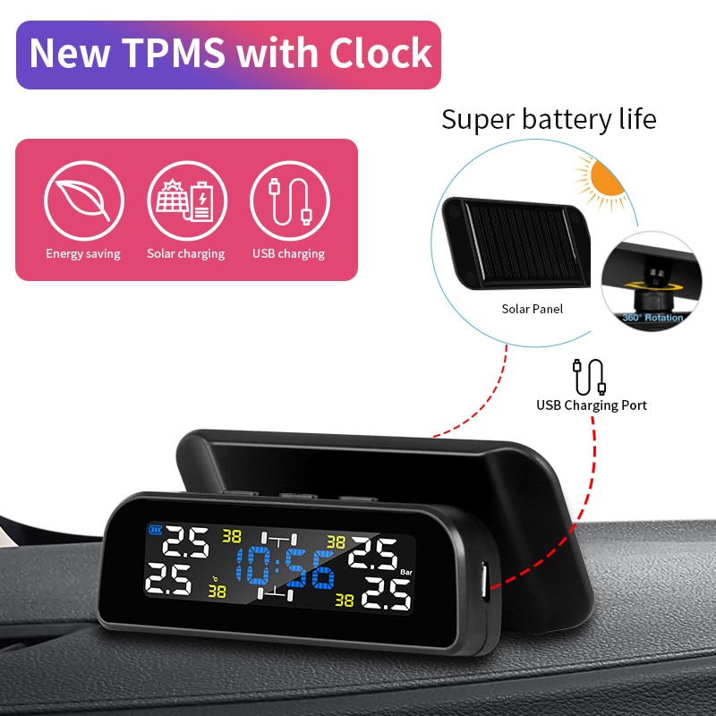 neue TPMS mit Uhr Solar- PowerLCD Anzeige WirelessTire Druck Überwachung System 4 Externe Sensor Reifendruck Sensoren