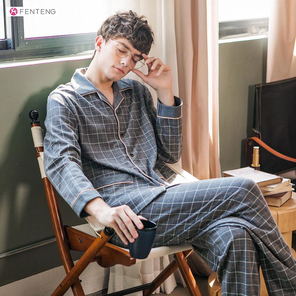 FENTENG Herbst Pyjama Für Männer Kausalen Revers Volle Hülse verlieren Plaid Gedruckt Pyjama Pyjama Männer einstellen M98012000