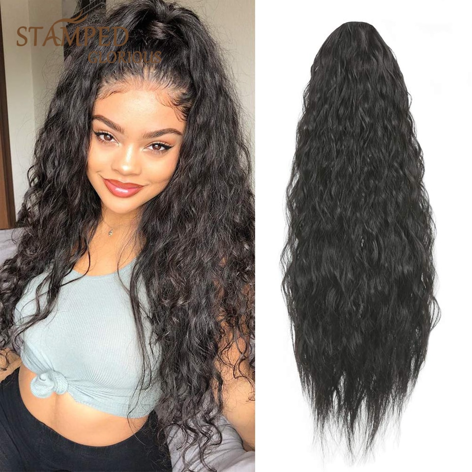 Gestempelt herrlich Sliightly Lockige Synthetische Pferdeschwänzen Perücken für Schwarze Frauen Clip-in Einem Stück Haar Erweiterungen Schwarz Welle Pferdeschwanz