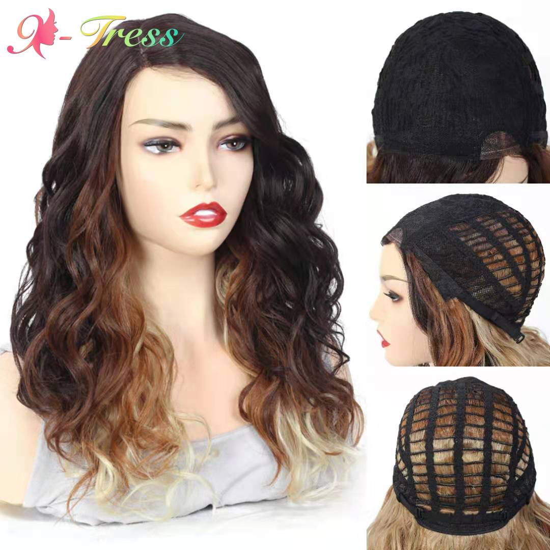 X-tresse Spitze Teil Synthetische Perücken Ombre Braun Farbe Mittel 20Zoll Lockige Ozean Welle Hitzebeständige Seite Teil Spitze Perücke für Frauen