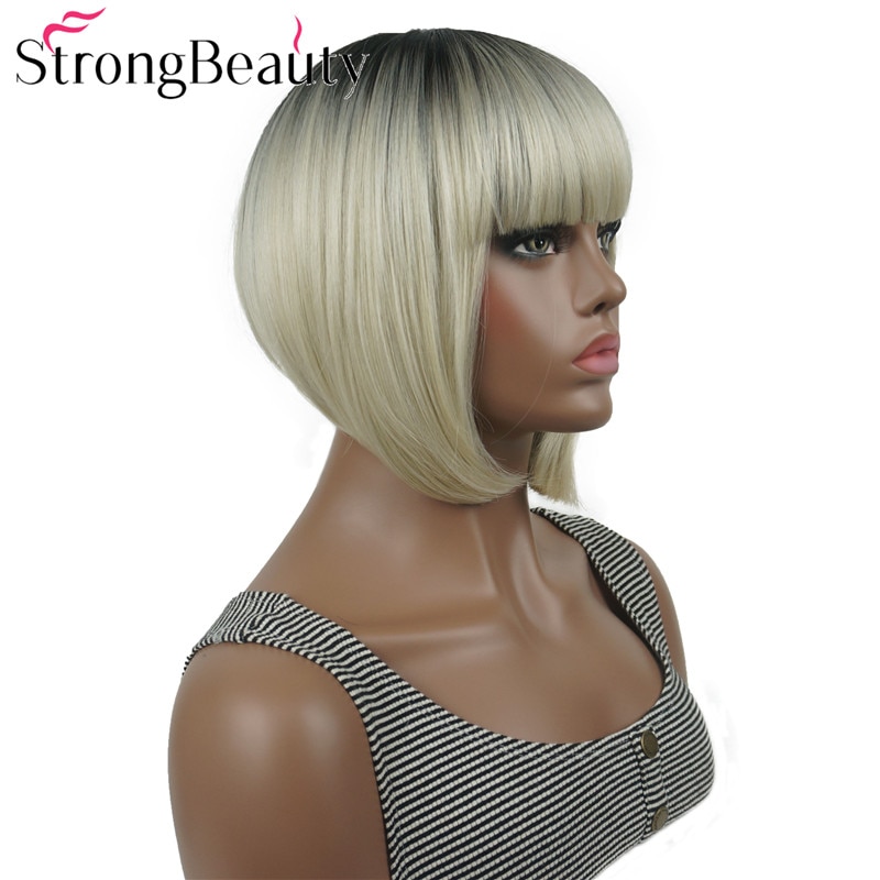 StrongBeauty Kurze Gerade Bob mit Ordentlich Pony Natürliche Synthetische Capless Perücke Für Frauen Viele Farben