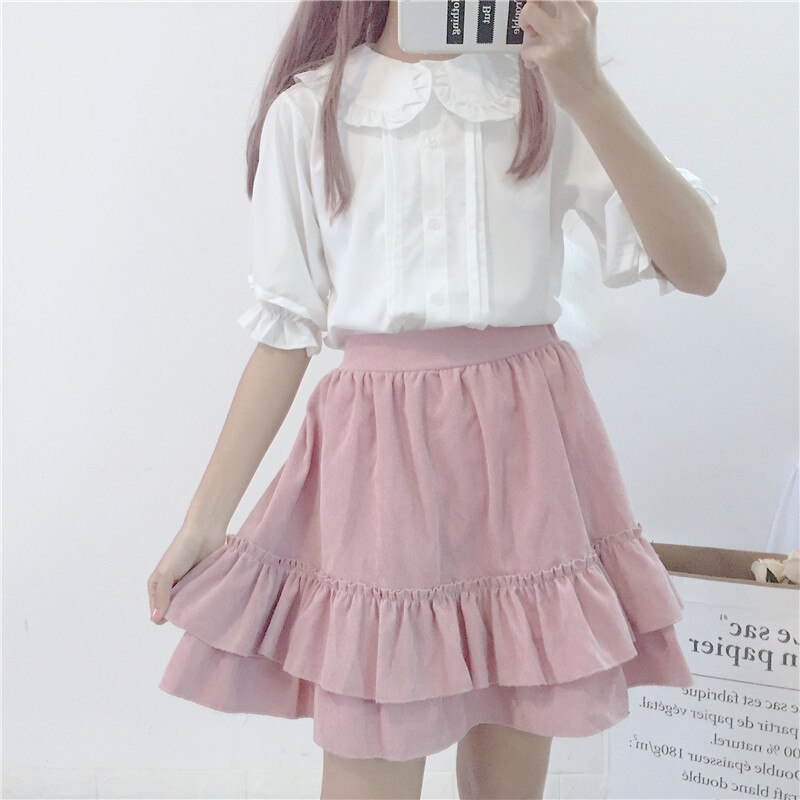 Jahrgang Weiß Puppe Kragen Solide Shirt Kurzarm Frauen Schwarz gotisch Lolita Viktorianischen lässig Koreanische Bluse Spitzen Streetwear Mädchen