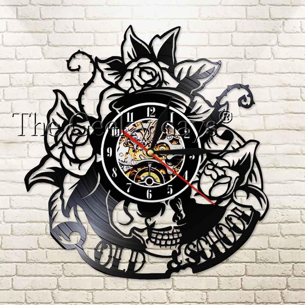 CD Vinyl aufzeichnen Wanduhr Jahrgang Alte Schule Stil Schwarz Zauberstab Uhr Heimat Dekor LED Uhr Schädel Blumen Rosen Für tätowierer