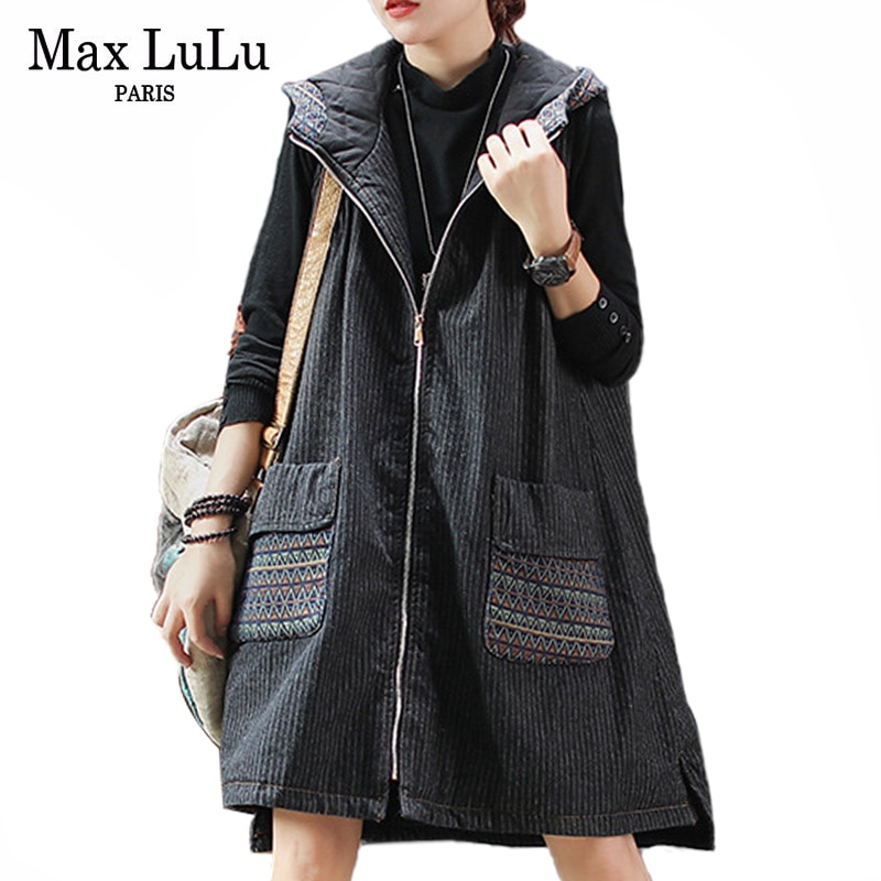 Max lulu Neue Winter Koreanische Damen Jahrgang Mit Kapuze Westen Frauen Denim Lange Mäntel Übergroßen Baumwolle gepolstert Westen