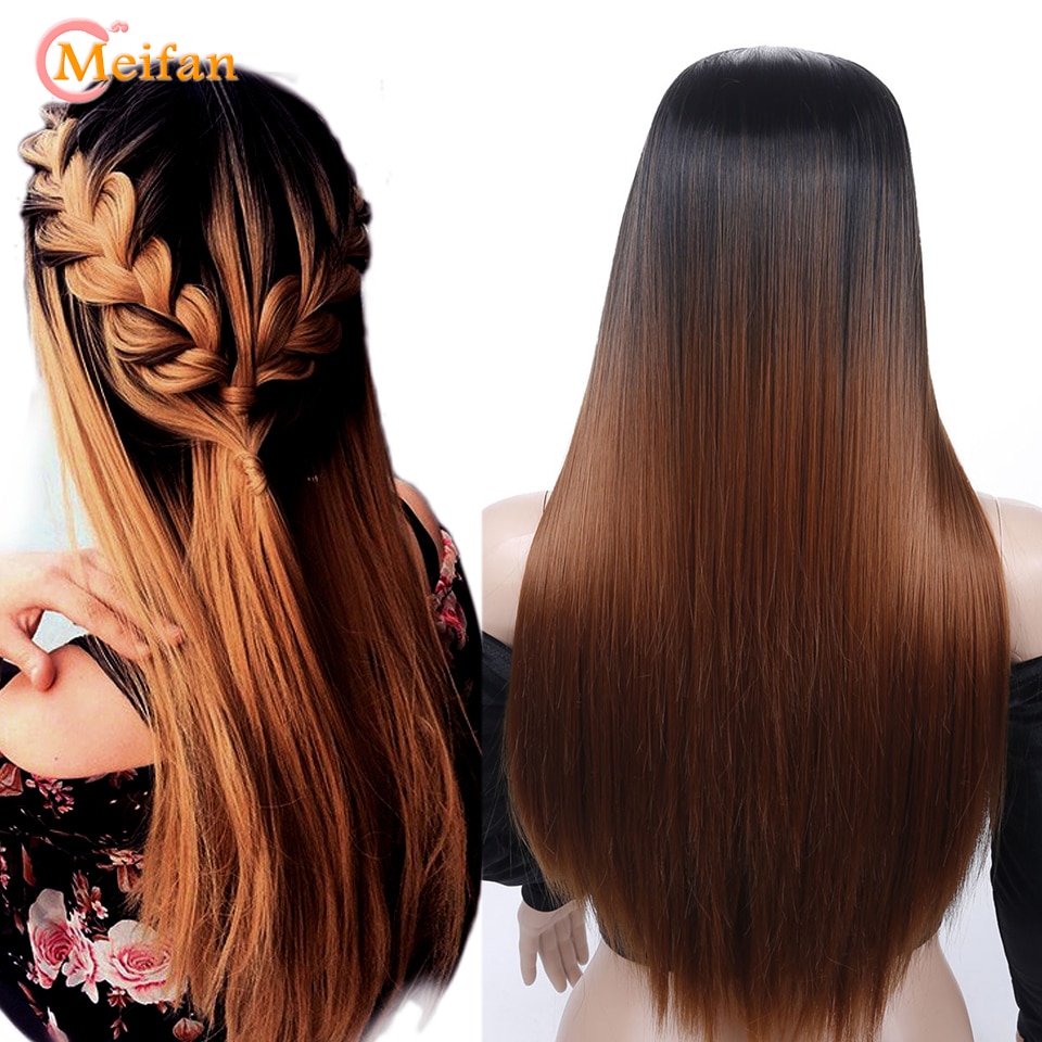 MEIFAN Lange Gerade Schwarz Ombre Lila Grün Rosa Perücken für Schwarze Frauen Hohe Temperatur Faser Synthetische Cosplay Perücke