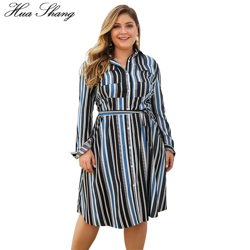 gestreift drucken Hemd Kleid Frauen Herbst Winter Drehen Unten Kragen Langarm lässig Midi- Kleid Plus Größe Frauen Kleidung