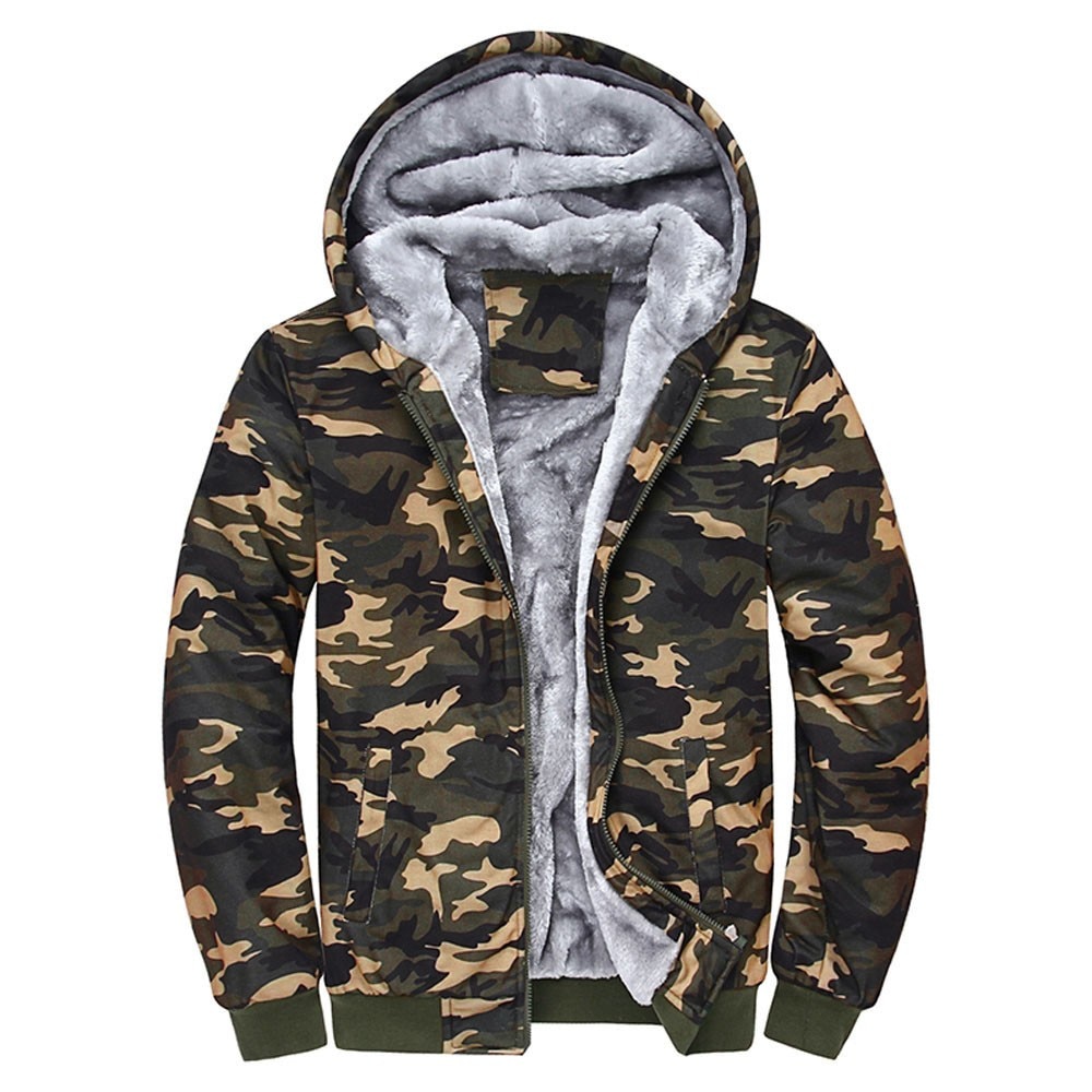 Herren Mantel Tarnung Hoodie Winter warm Vlies Reißverschluss zur Seite fahren Jacke Outwear Mantel