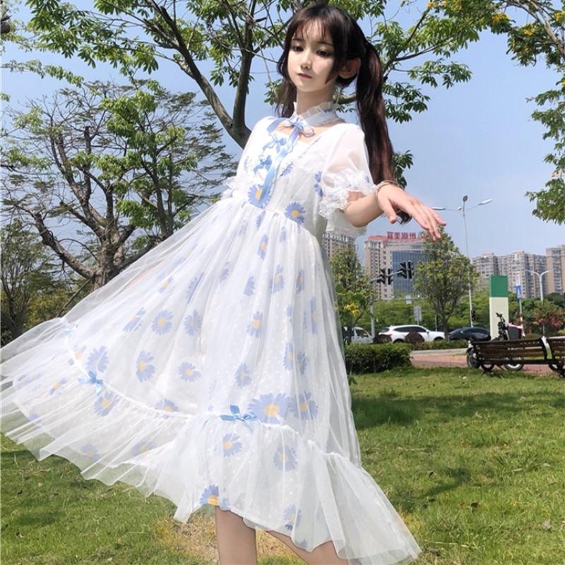 Lolita Tägliche Süße Kleine Gänseblümchen Blumen- Langarm Kleid freundlicher Sommer Gebühr kei viktorianischen kleid prinzessin lolita kleid