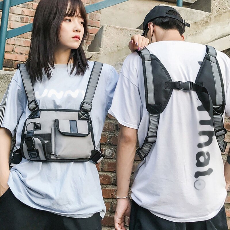 Männer Nylon Brust Anlage Tasche Hüfte hüpfen unisex Streetwear Funktionale Multi-Funktion Brust Tasche Gurt Weste Tasche Schwarz + grau