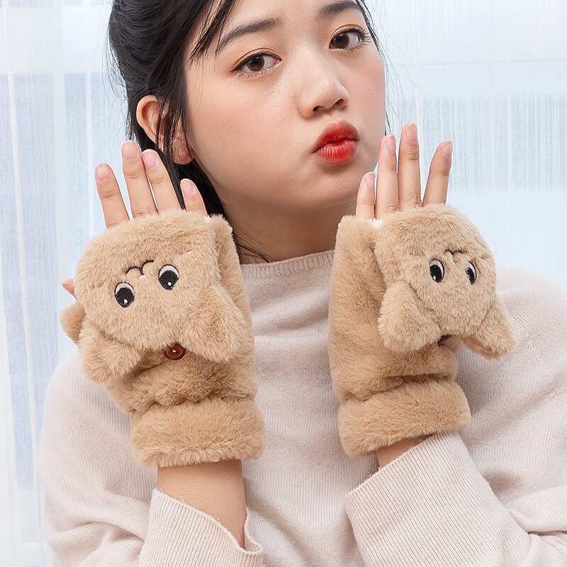 freundlicher Mädchen Halbe Finger kippen Fäustlinge Plüsch Dicken Fahren Handschuhe Nette Katze Touchscreen Handschuhe für Mädchen Winter Warme Handschuhe u3