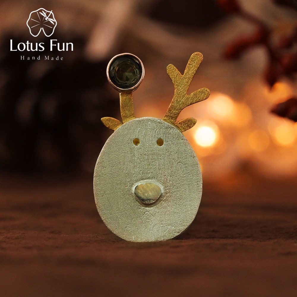 Lotus Spaß Echt 925 Sterling Silber Natürliche Turmalin Handgemachtes Feine Schmuck Weihnachten Freuden Nette Rentier Broschen Beste
