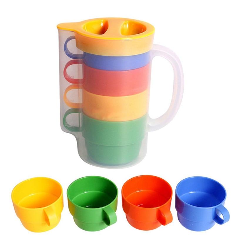 5 Teile/los PP 4 Tassen Und 1 Wasserkocher Tragbare Regenbogen Anzug Tasse Picknick Tourismus Kunststoff Tasse Kaffee Haushalt Tassen Farbe zufällig