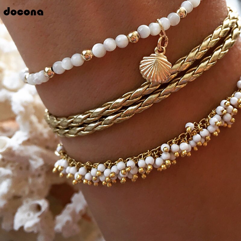 Docona Böhmen Gold Hülse Weiß Perlen mehrschichtig Fußkettchen für Frauen Quaste Gestrickte Fußkettchen Armbinde einstellen Fuß Party Schmuck 8408