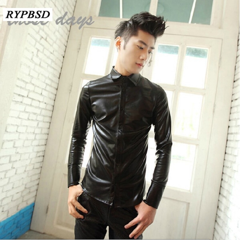 Herren Gold Kleidung Schwarz Silber Männer Hemd Langarm Faux Leder Gold Paillette Leistung Luxus Herren Nachtclub Hemd