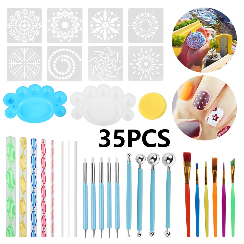 35 stücke Mandala Punktierung Werkzeuge für Mandala Malerei Felsen Stein Stift Punktierung Werkzeuge Malerei Stift Polka Punkt Werkzeug Vorlage Kosmetische