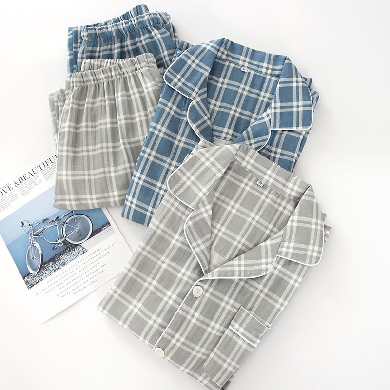 Männer Plaid Schlafanzug Anzug 100% Baumwolle Blick Dünne Beiläufige Pijama Gesetzt Langen Ärmeln Lange Hosen Herren Schlafanzug Herbst Männer nachtwäsche