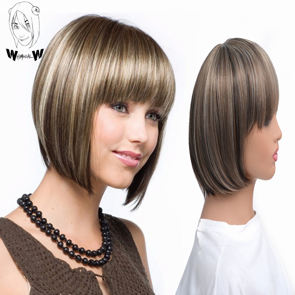 WUNDERLICHER W Synthetische Frauen Gemischt blond Braune Kurze Perücken Natürliche Kurze Gerade Bob Frisur Haar