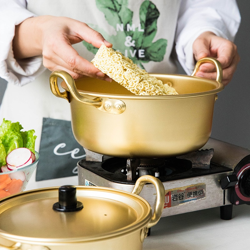 Unibird 1Pc Koreanische Ramen Topf Gelb Aluminium Topf Suppe sofortig-nudeln Topf Schüssel für Heimat Doppel Griff Topf Herde für Gas öfen
