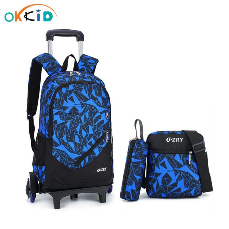 3 stücke rädern schule rucksäcke für jungen freundlicher schule taschen blau schul Wagen tasche auf rädern Rucksack für junge stift bleistift tasche