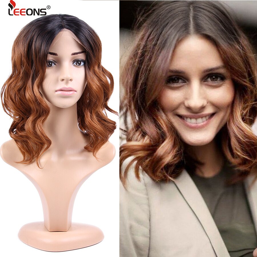 Leeons Synthetische Spitze Vorderseite Perücke Für Schwarze Frauen Mittleren Teil Tiefe Welle Spitze Vorne Perücke 16Zoll Synthetische Spitze Vorderseite perücke Bob Ombre
