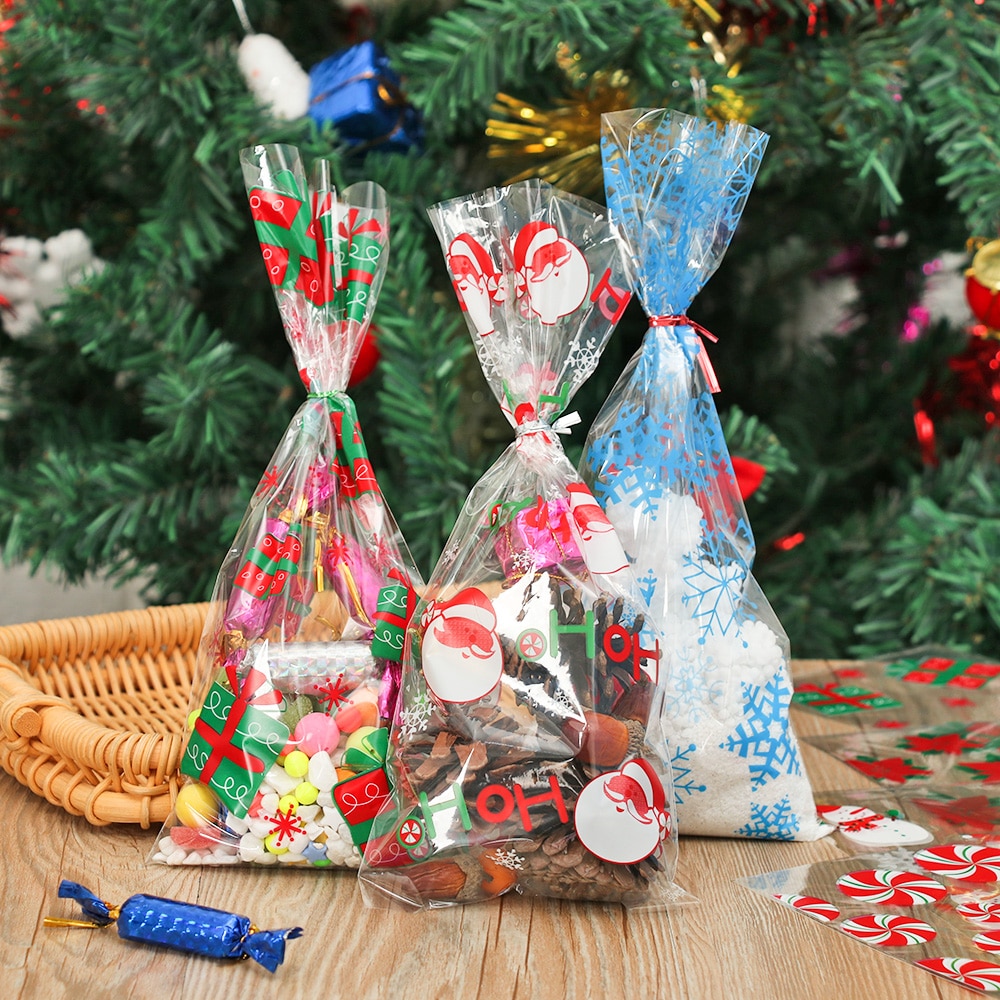 100Stck Weihnachten Cookie Verpackung Süssigkeit Tasche Aus Kunststoff Taschen Weihnachten Zellophan Party behandeln Süßigkeiten Tasche Festival Party Favor