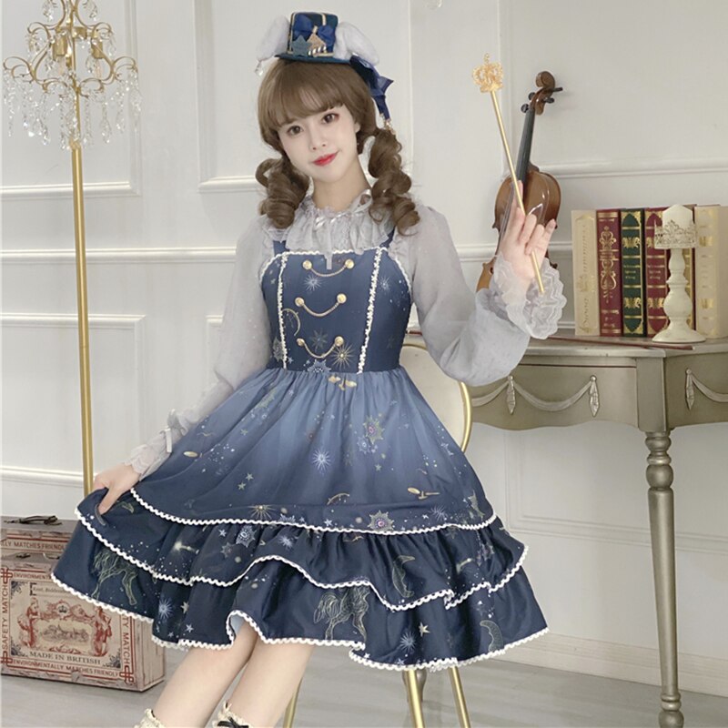 Lolita sternenklar Himmel lolita Japanischen Weichen Mädchen jsk Gurt kleid Cos Loli süße prinzessin Tee Party retro kleid Vestidos