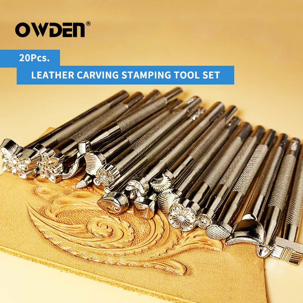 OWDEN 20Stck Leder Carving Stanzen Werkzeug einstellen Leder Stanzen Druck schlagen Werkzeug Geschnitzt Leder Gravur Werkzeuge