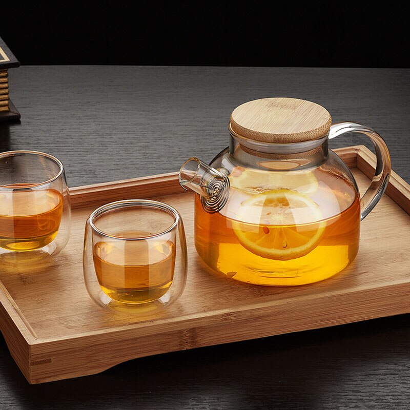 Neue Tee Topf einstellen Wärme Besteändig Glas Tee Wasser Topf Mit Holz Abdeckung Kaffee Tee Heizung Kalt Wasserkocher Tasse Tee-einstellen